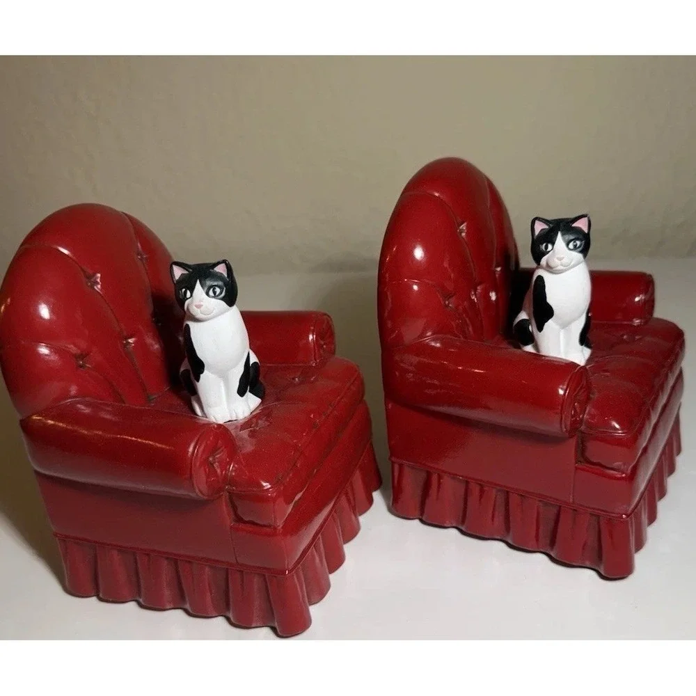 Vintage 1989 Hallmark Cards, Inc Two Black & White Cat In Red Chair Bookend Set - Picture 1 of 5